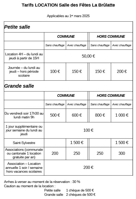 Tarifs salle des fetes 2025